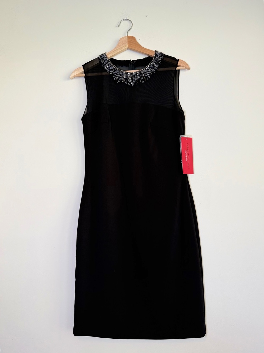 NWT Carmen Marc Valvo Infusion Black Beaded Illusion Sheath Dress Size 8